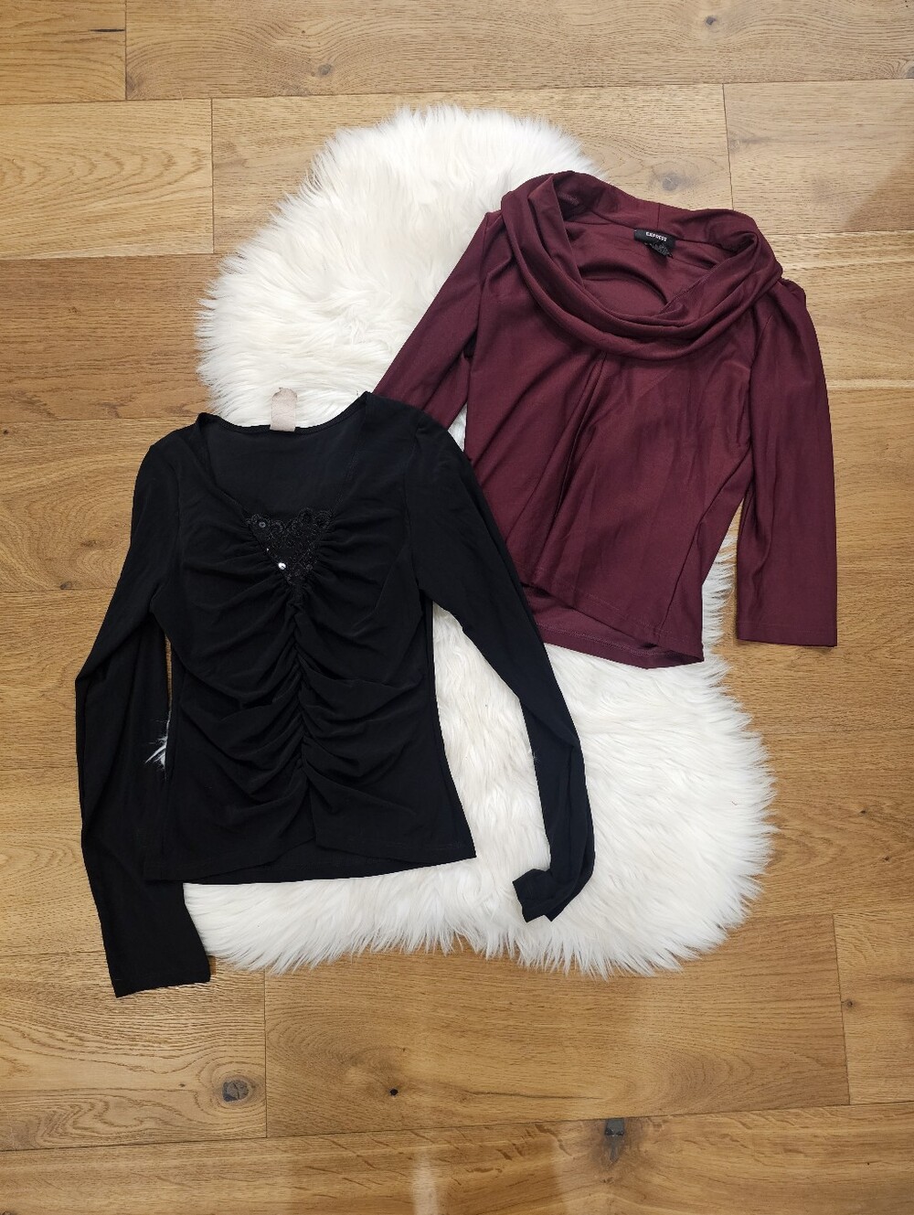Vintage Burgundy Cowl Neck Top + Black Ruched Long Sleeve Duo